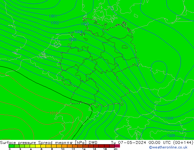 Atmosférický tlak Spread DWD Út 07.05.2024 00 UTC