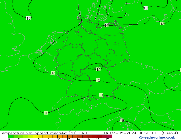 Temperatura 2m Spread DWD gio 02.05.2024 00 UTC