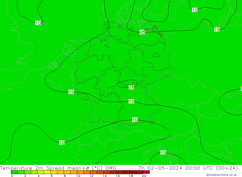 Temperatura 2m Spread DWD Qui 02.05.2024 00 UTC