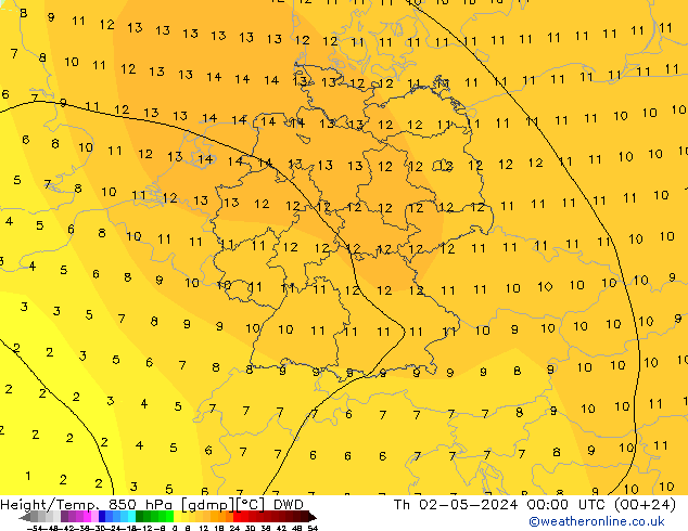 Hoogte/Temp. 850 hPa DWD do 02.05.2024 00 UTC