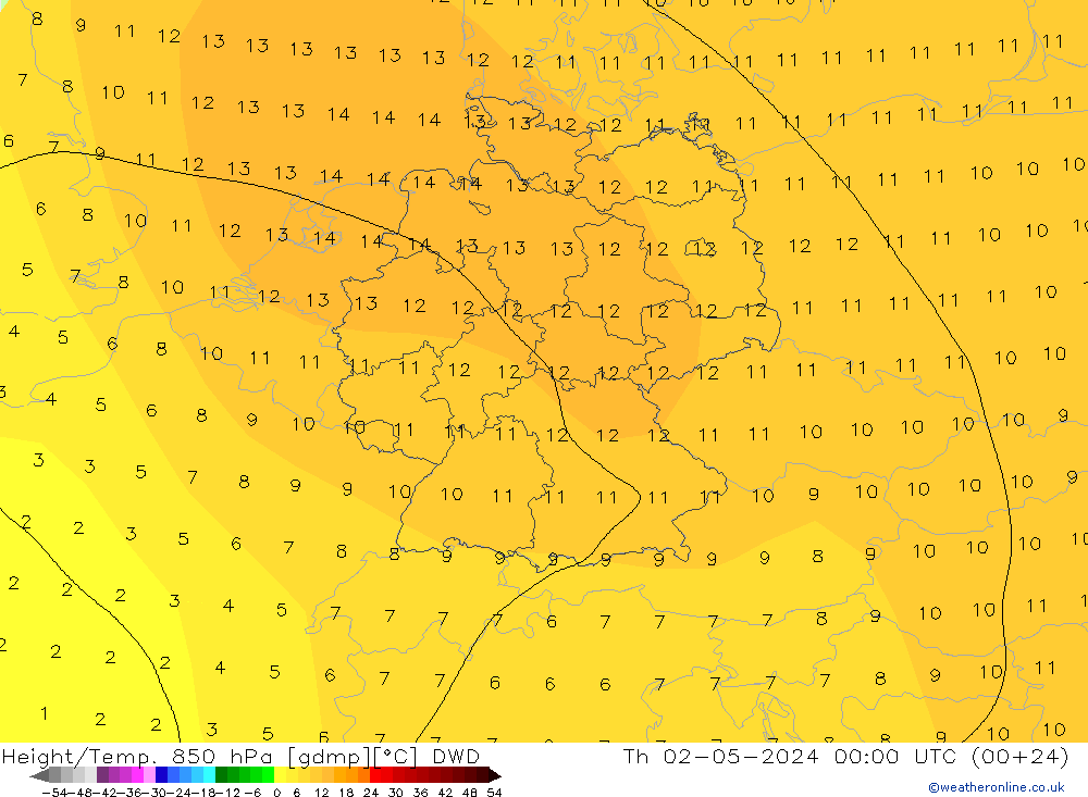 Height/Temp. 850 гПа DWD чт 02.05.2024 00 UTC