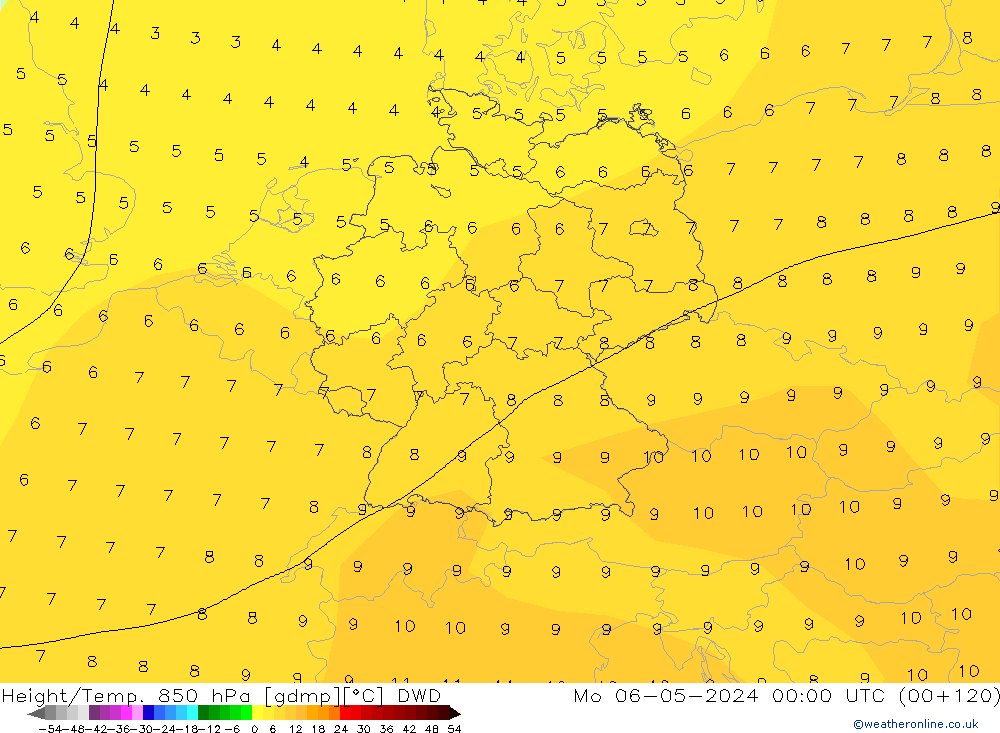 Hoogte/Temp. 850 hPa DWD ma 06.05.2024 00 UTC