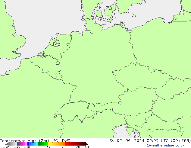 Nejvyšší teplota (2m) DWD Ne 02.06.2024 00 UTC