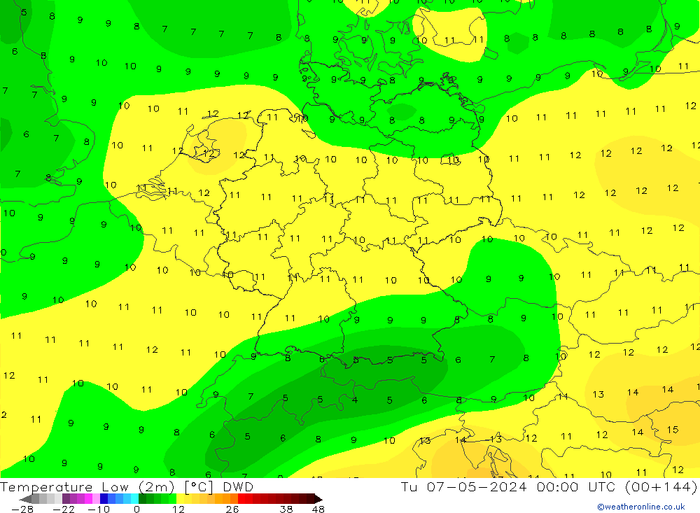 temperatura mín. (2m) DWD Ter 07.05.2024 00 UTC