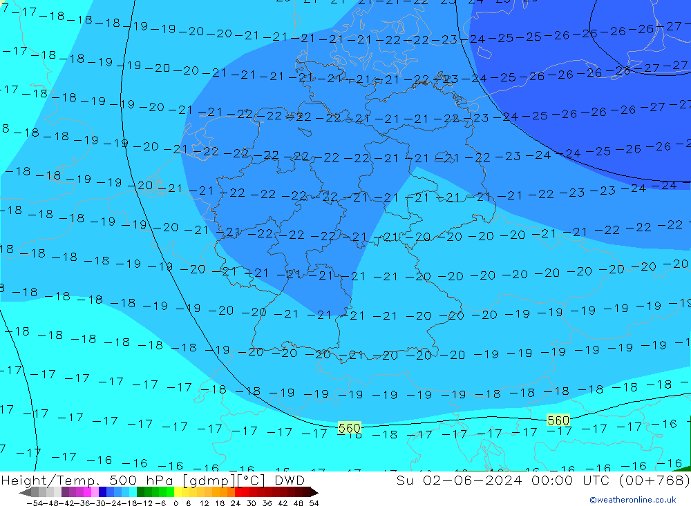 Height/Temp. 500 hPa DWD 星期日 02.06.2024 00 UTC