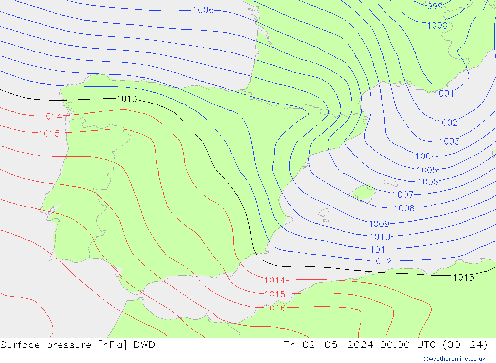 Surface pressure DWD Th 02.05.2024 00 UTC