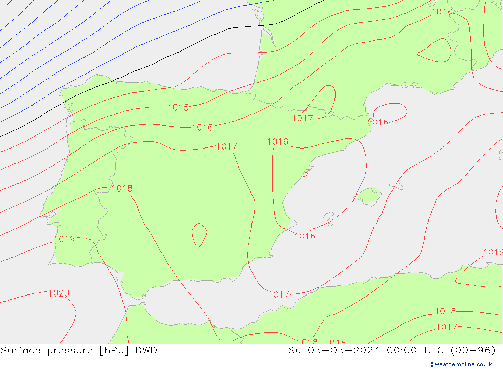 Presión superficial DWD dom 05.05.2024 00 UTC