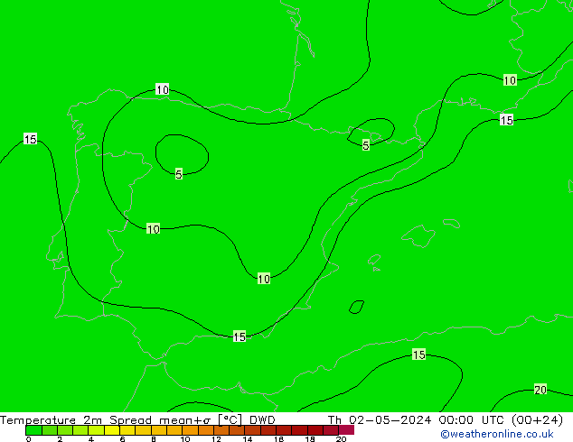 Temperature 2m Spread DWD Čt 02.05.2024 00 UTC