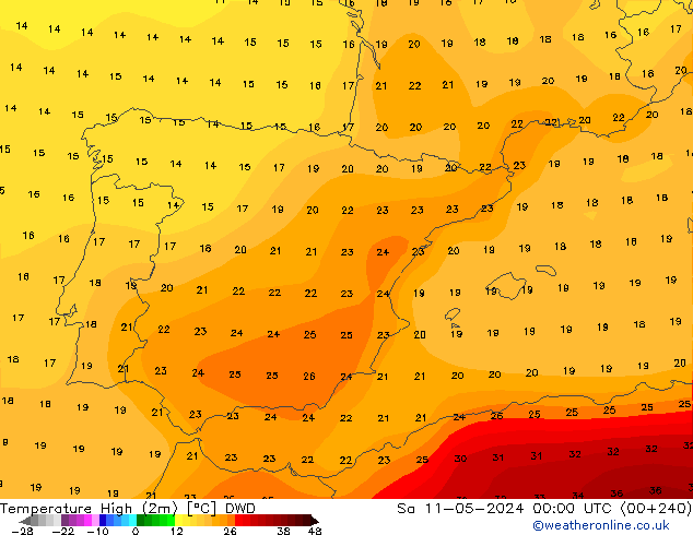 Max.temperatuur (2m) DWD za 11.05.2024 00 UTC