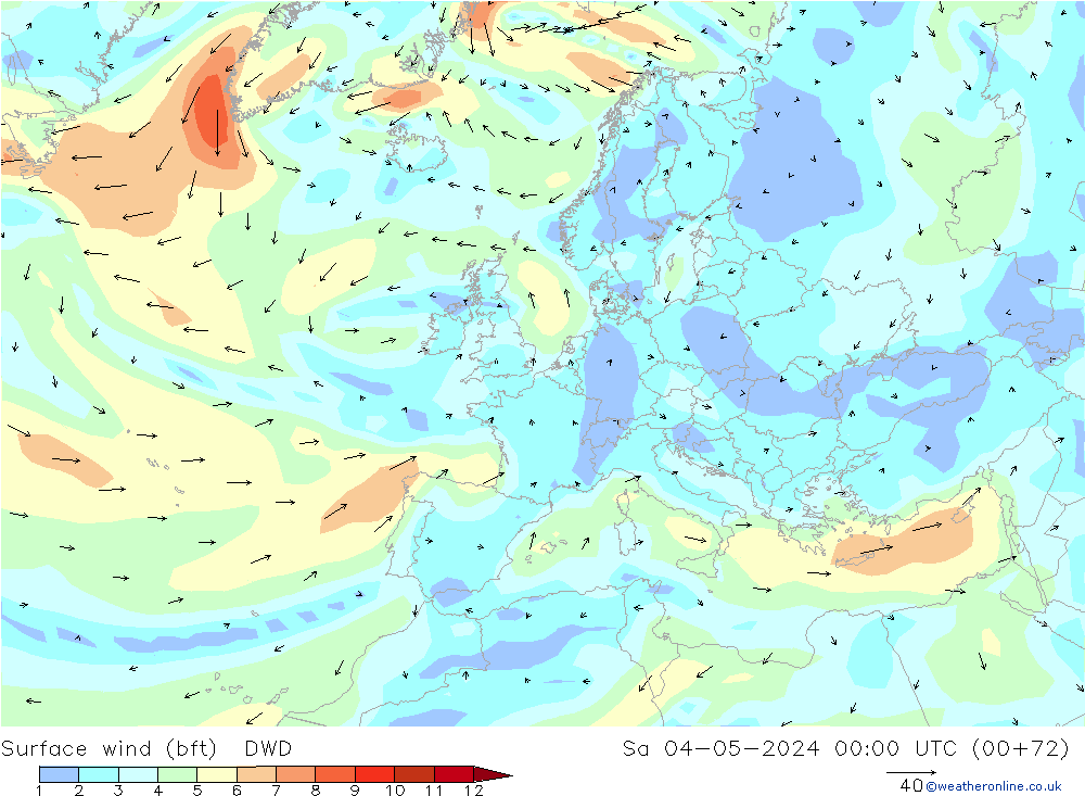 Vent 10 m (bft) DWD sam 04.05.2024 00 UTC