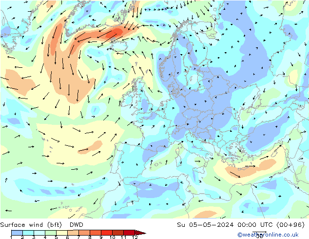 Surface wind (bft) DWD Su 05.05.2024 00 UTC