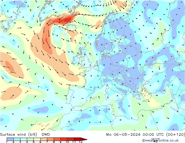 Wind 10 m (bft) DWD ma 06.05.2024 00 UTC