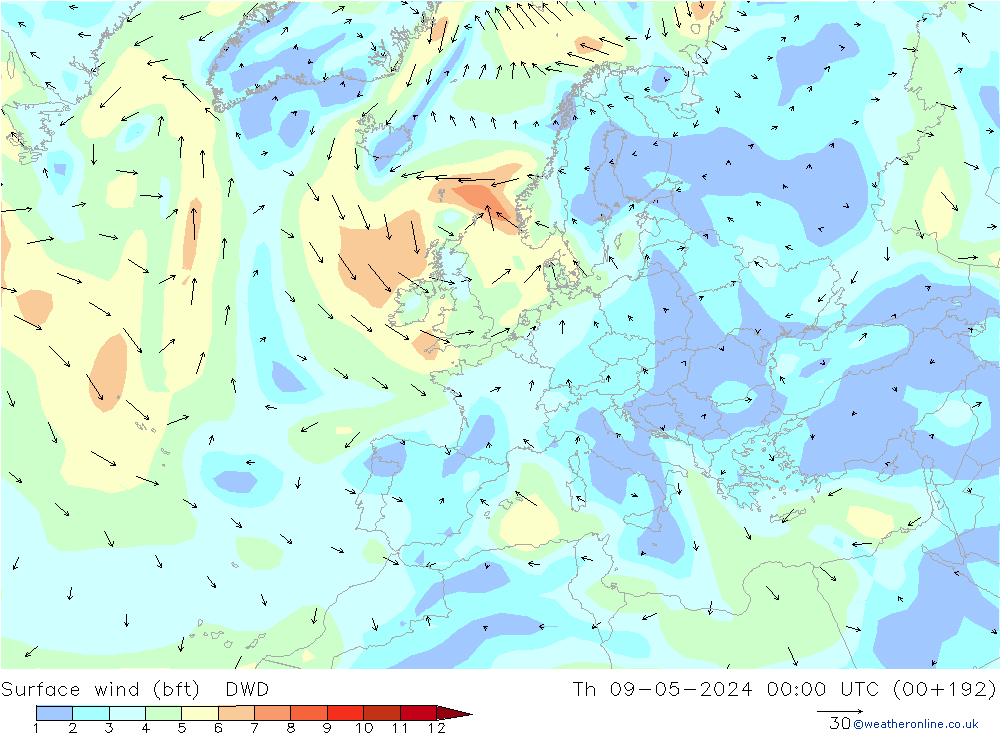 Surface wind (bft) DWD Th 09.05.2024 00 UTC