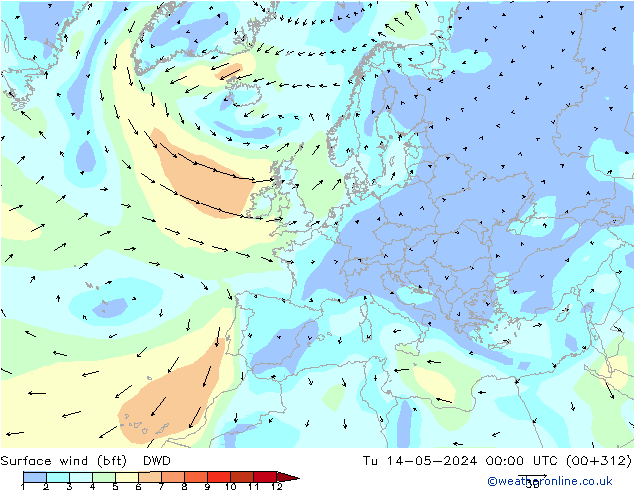 Surface wind (bft) DWD Tu 14.05.2024 00 UTC
