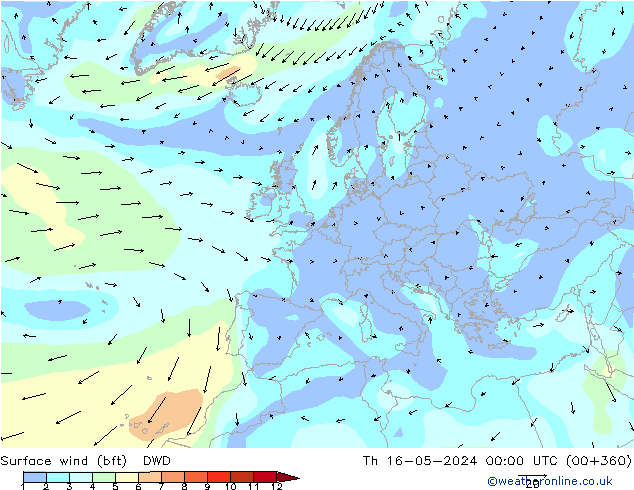 Surface wind (bft) DWD Čt 16.05.2024 00 UTC
