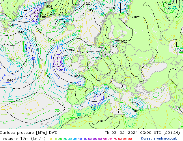 Izotacha (km/godz) DWD czw. 02.05.2024 00 UTC