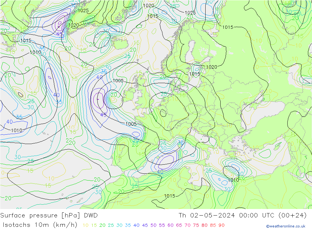 Isotachs (kph) DWD Čt 02.05.2024 00 UTC