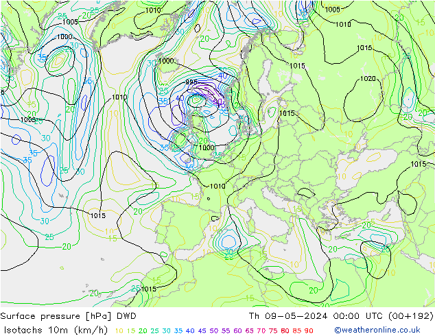 Isotachs (kph) DWD Qui 09.05.2024 00 UTC