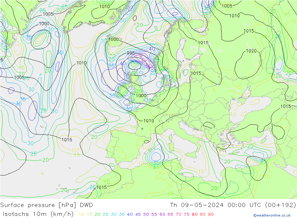 Isotachen (km/h) DWD Do 09.05.2024 00 UTC