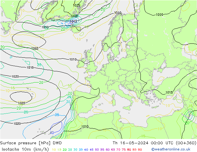 Isotachen (km/h) DWD Do 16.05.2024 00 UTC