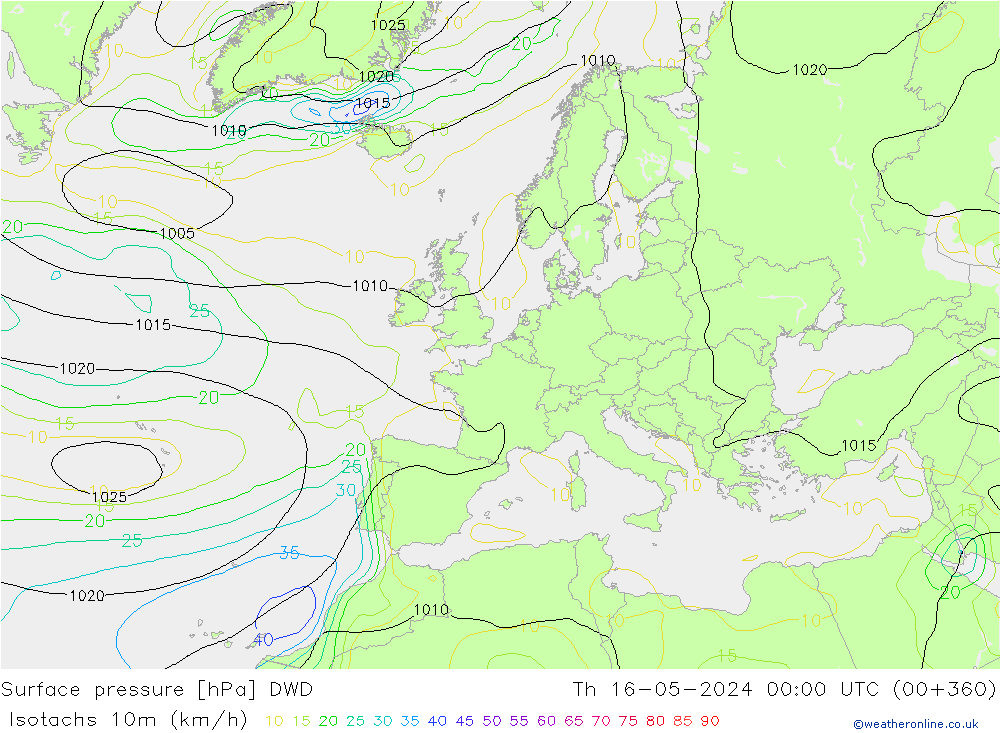 Isotachen (km/h) DWD Do 16.05.2024 00 UTC