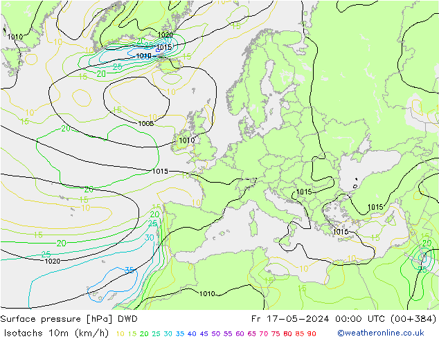Isotachen (km/h) DWD Fr 17.05.2024 00 UTC
