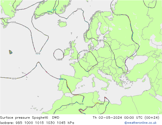 地面气压 Spaghetti DWD 星期四 02.05.2024 00 UTC