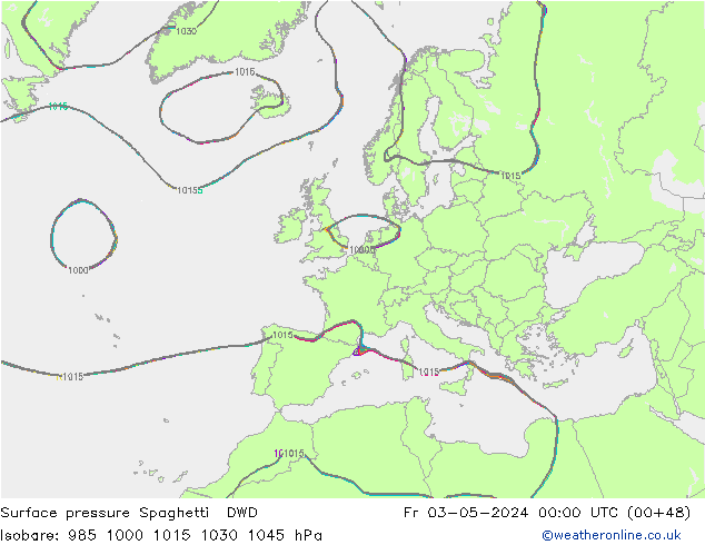 Atmosférický tlak Spaghetti DWD Pá 03.05.2024 00 UTC