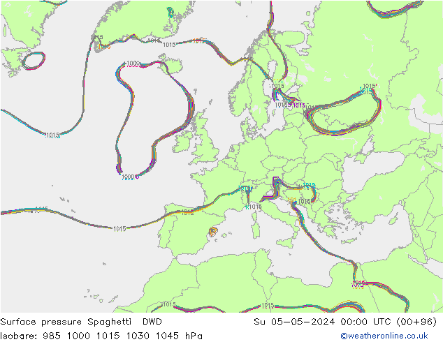 Luchtdruk op zeeniveau Spaghetti DWD zo 05.05.2024 00 UTC