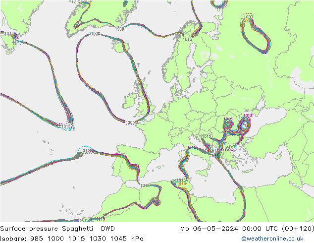 Luchtdruk op zeeniveau Spaghetti DWD ma 06.05.2024 00 UTC