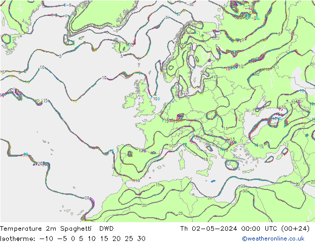 Temperature 2m Spaghetti DWD Th 02.05.2024 00 UTC