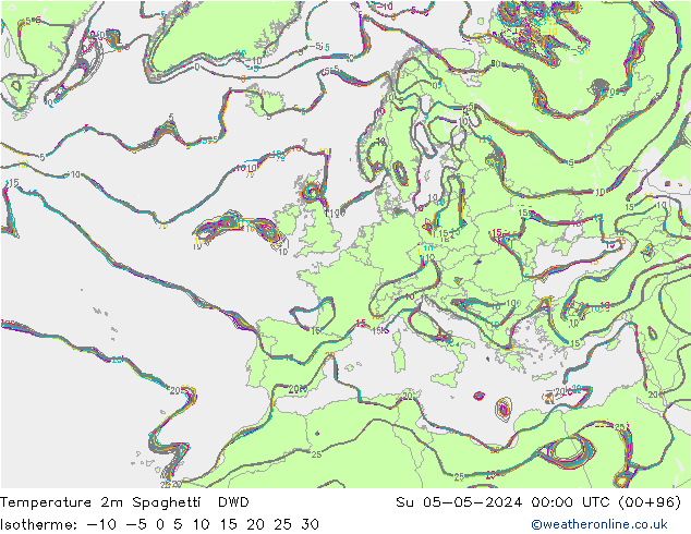 Temperatuurkaart Spaghetti DWD zo 05.05.2024 00 UTC