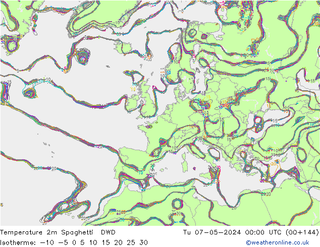 Temperatura 2m Spaghetti DWD mar 07.05.2024 00 UTC