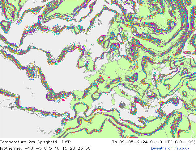 Temperature 2m Spaghetti DWD Čt 09.05.2024 00 UTC