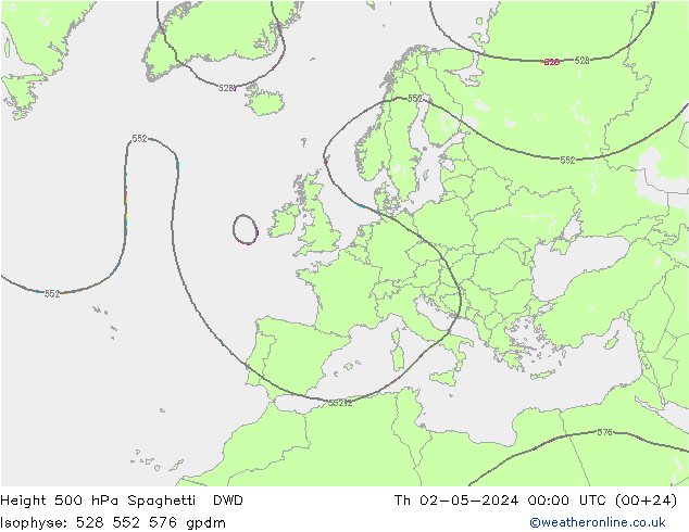 Height 500 hPa Spaghetti DWD Čt 02.05.2024 00 UTC