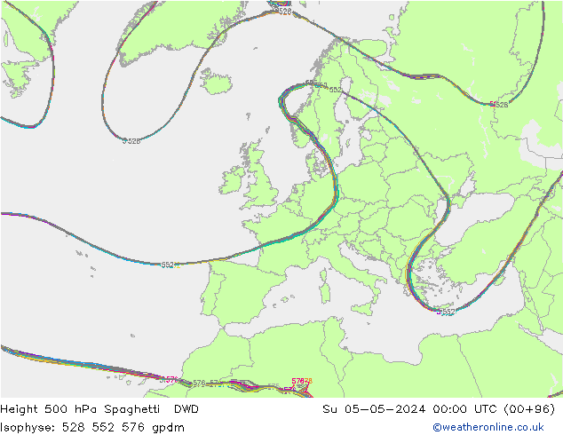 Height 500 hPa Spaghetti DWD Su 05.05.2024 00 UTC