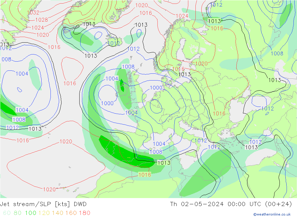 Jet stream/SLP DWD Čt 02.05.2024 00 UTC