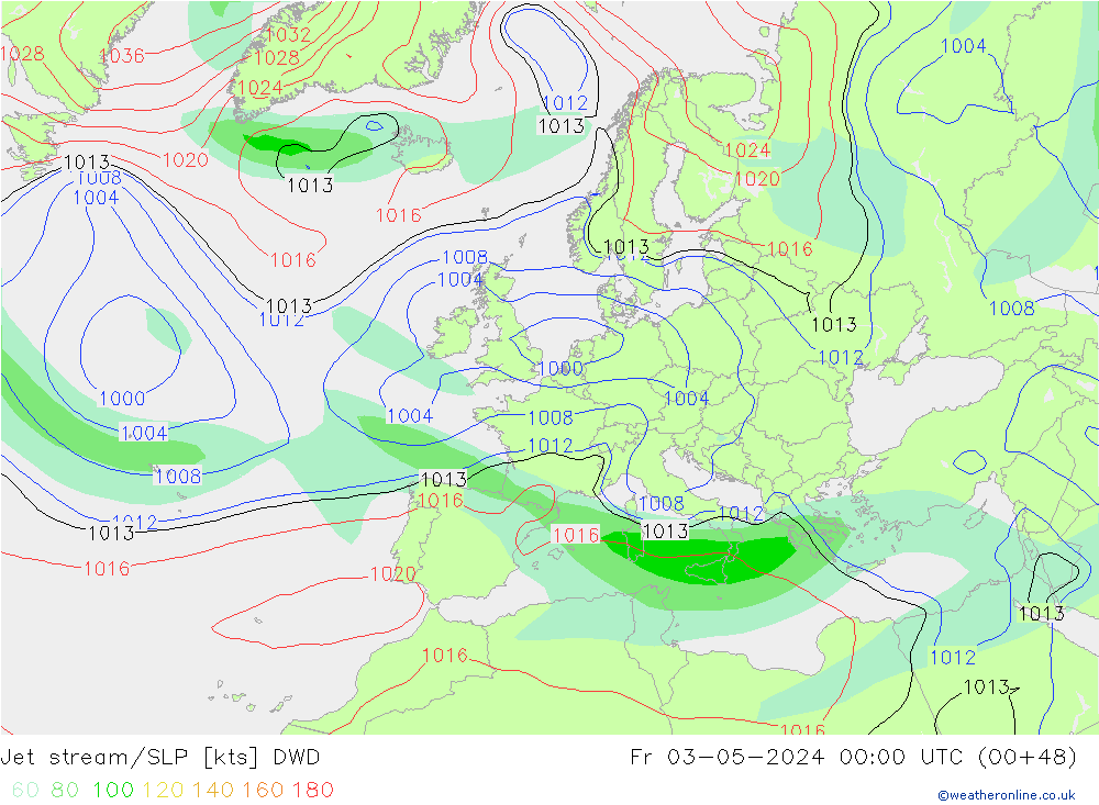 джет/приземное давление DWD пт 03.05.2024 00 UTC