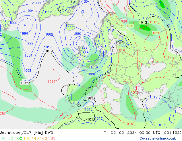 джет/приземное давление DWD чт 09.05.2024 00 UTC