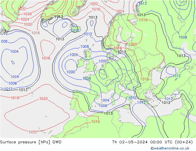 Presión superficial DWD jue 02.05.2024 00 UTC