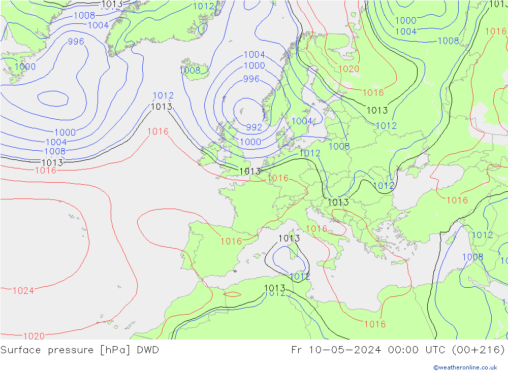 Presión superficial DWD vie 10.05.2024 00 UTC