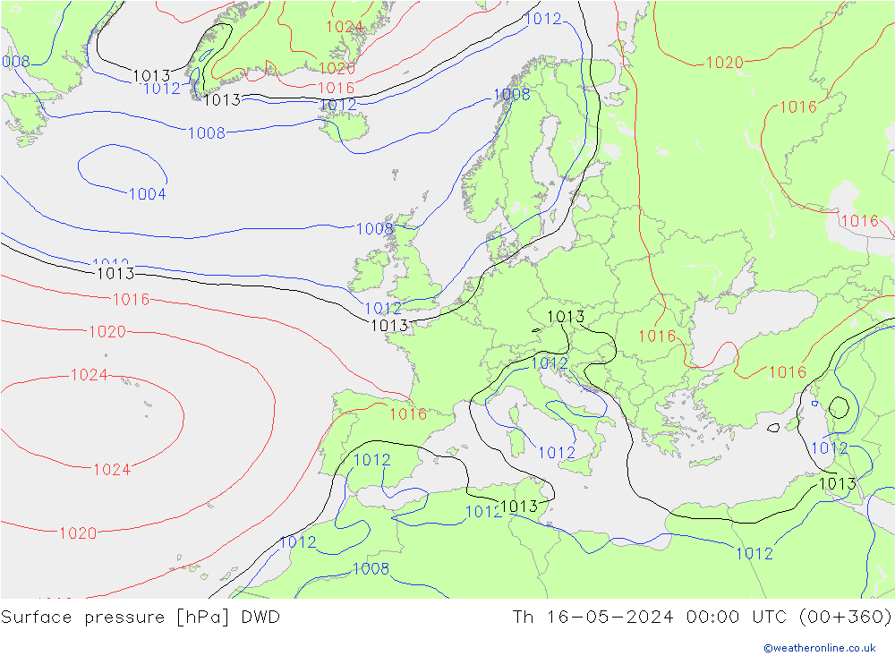 Atmosférický tlak DWD Čt 16.05.2024 00 UTC