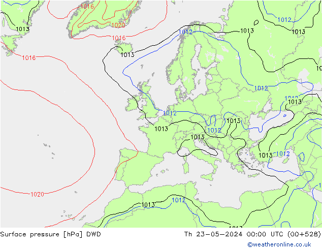 Atmosférický tlak DWD Čt 23.05.2024 00 UTC