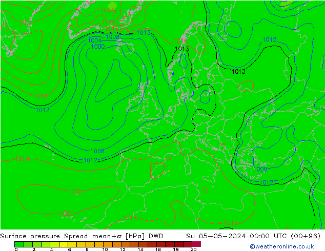 Atmosférický tlak Spread DWD Ne 05.05.2024 00 UTC