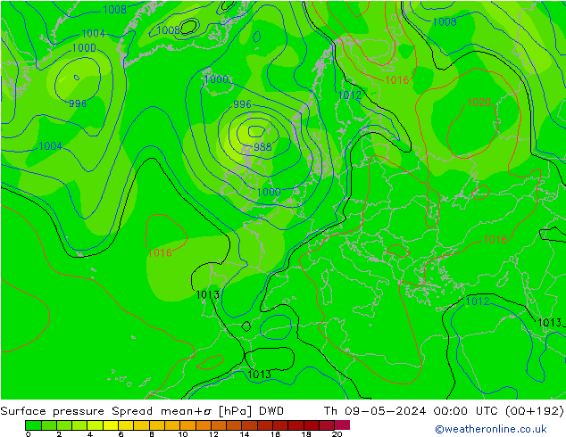 Atmosférický tlak Spread DWD Čt 09.05.2024 00 UTC