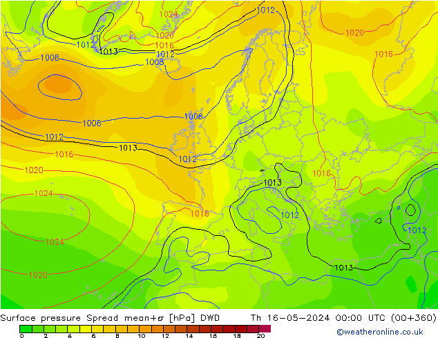 Atmosférický tlak Spread DWD Čt 16.05.2024 00 UTC