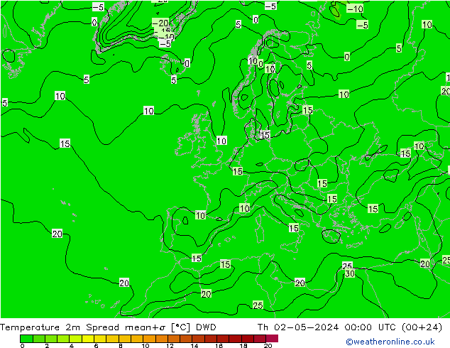 Temperatura 2m Spread DWD jue 02.05.2024 00 UTC