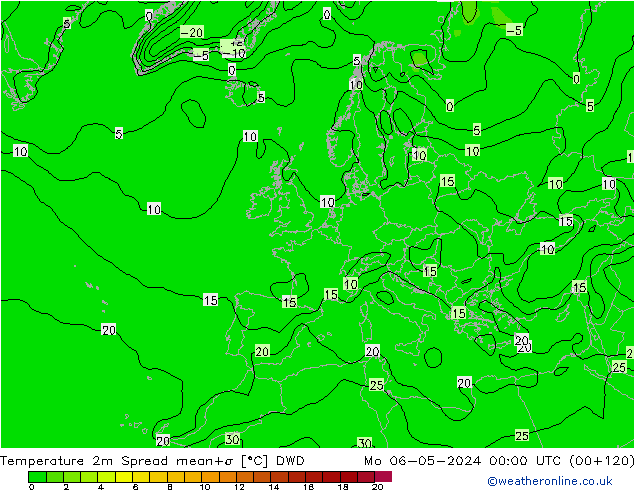 mapa temperatury 2m Spread DWD pon. 06.05.2024 00 UTC