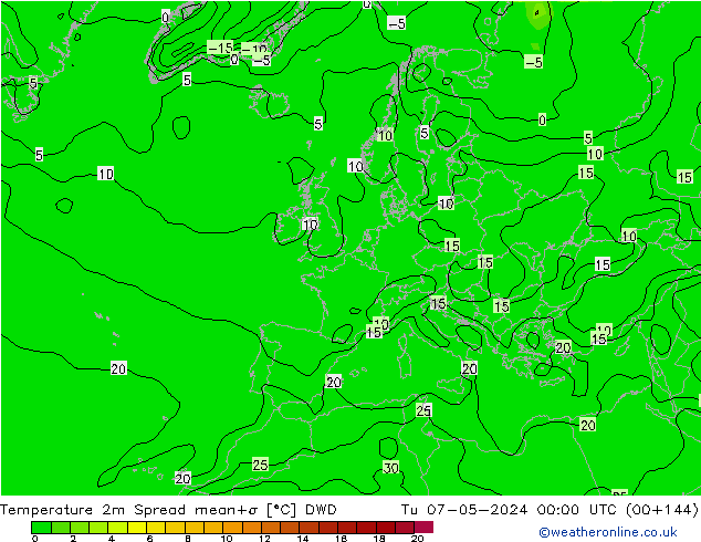 mapa temperatury 2m Spread DWD wto. 07.05.2024 00 UTC