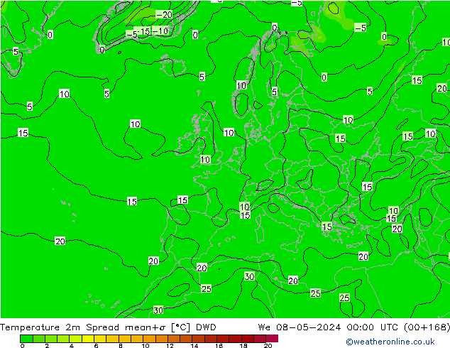 Temperatura 2m Spread DWD mié 08.05.2024 00 UTC